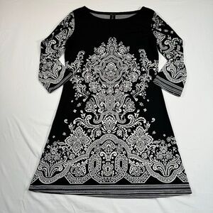 MT Collection 3/4 Sleeve Midi Dress Womens Size S Black Paisley Boat Neck